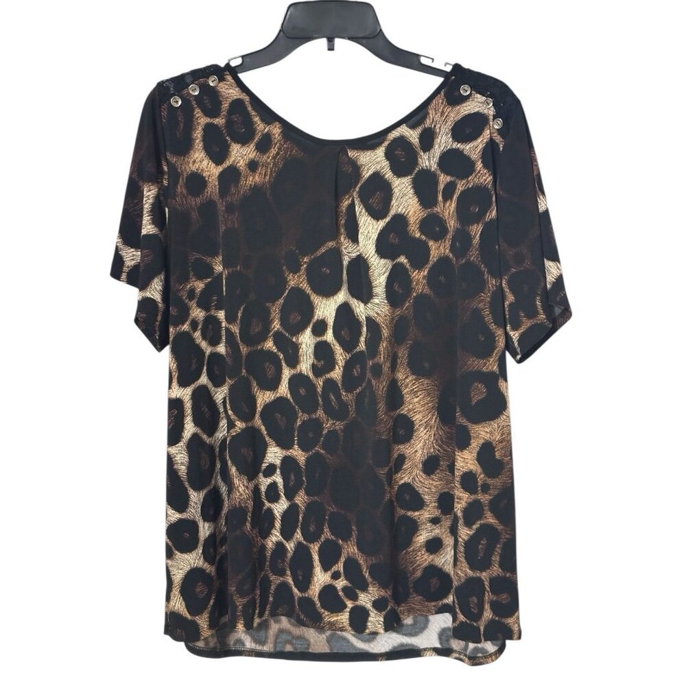 Liz McCoy Women’s 2X Leopard Print Lace Shoulder Top